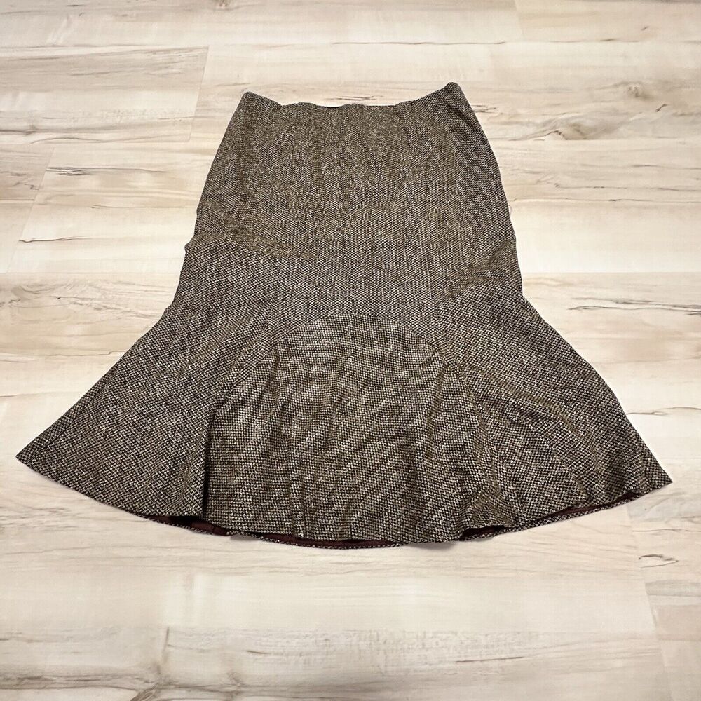 Trina Turk Women 2 Skirt Wool Silk Knit Ruffled Hem Trumpet Pencil Brown